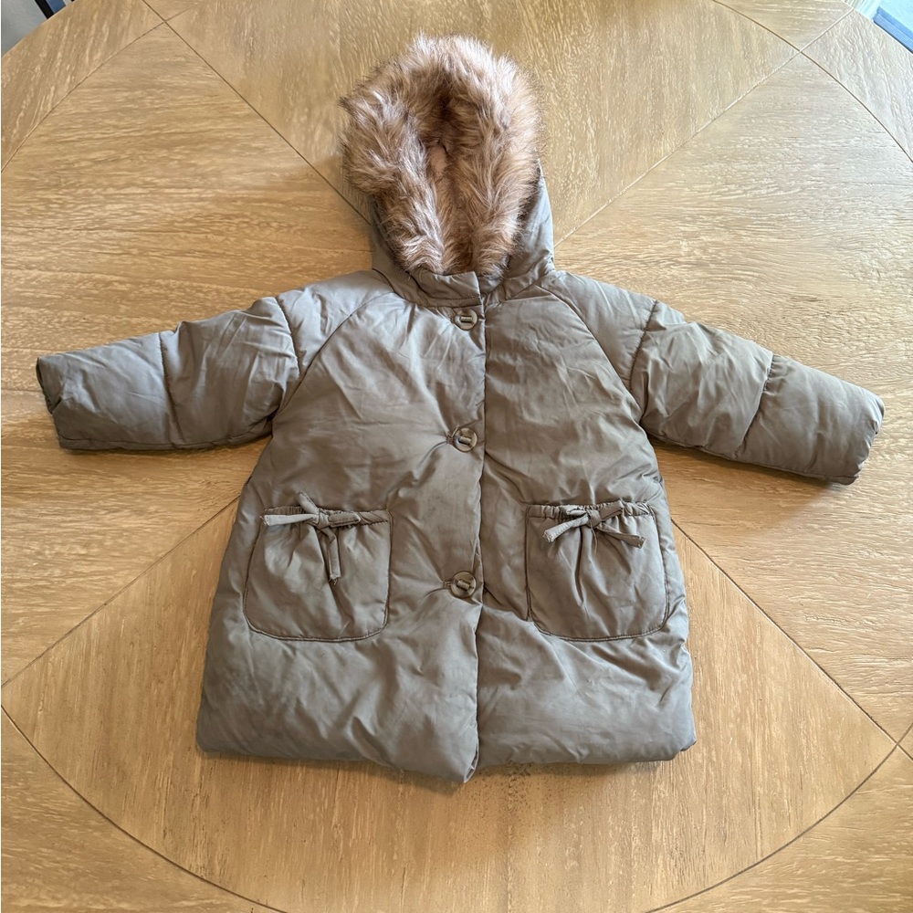 Zara Kids Brown Puffer Jacket with Faux Fur Hood